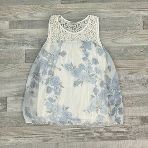 Bellambria 100% Silk White Blue Floral Romantic Sleeveless Top O6